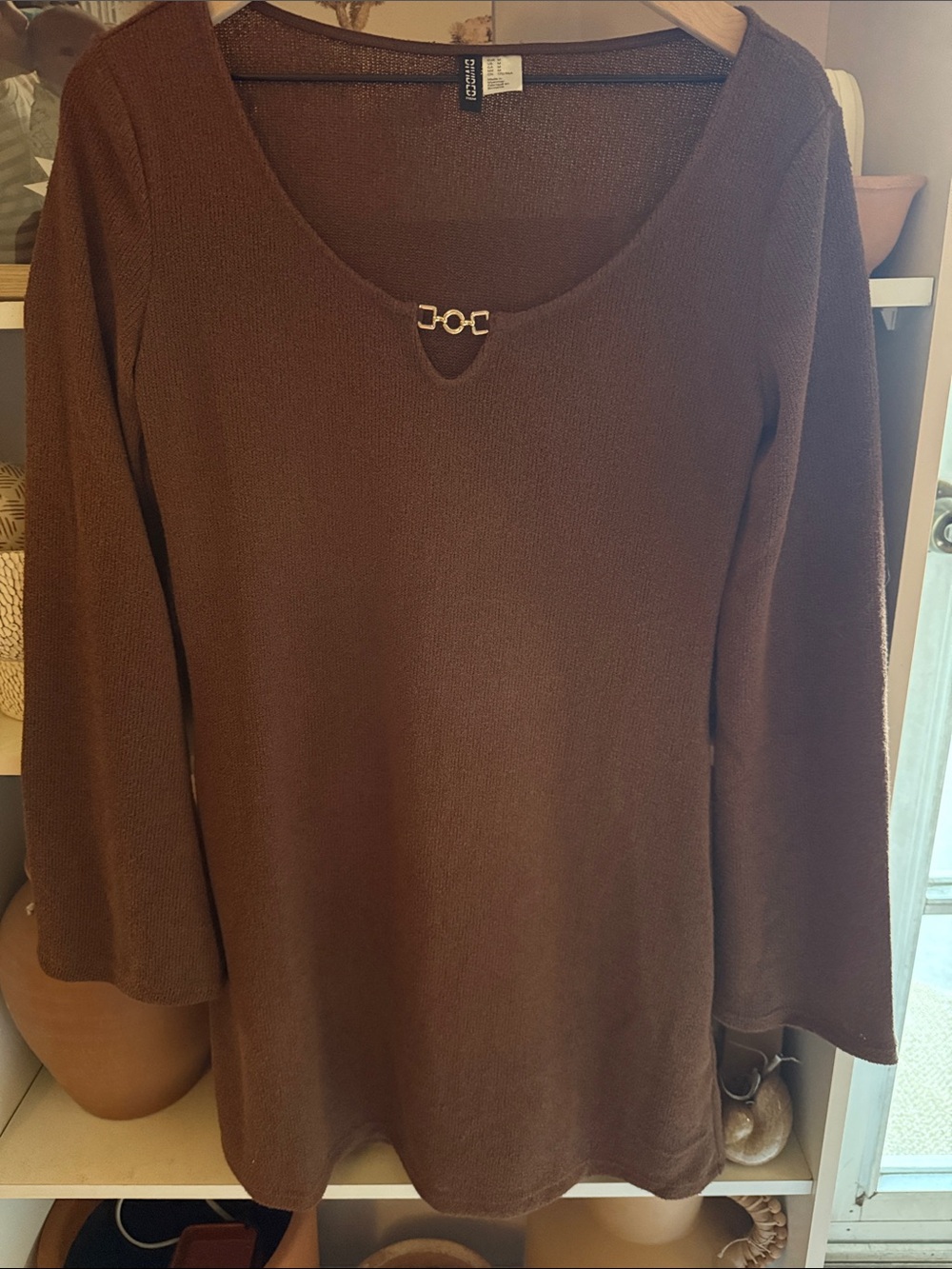 Chocolate Brown V-Neck Knit Dress with Gold Hardware